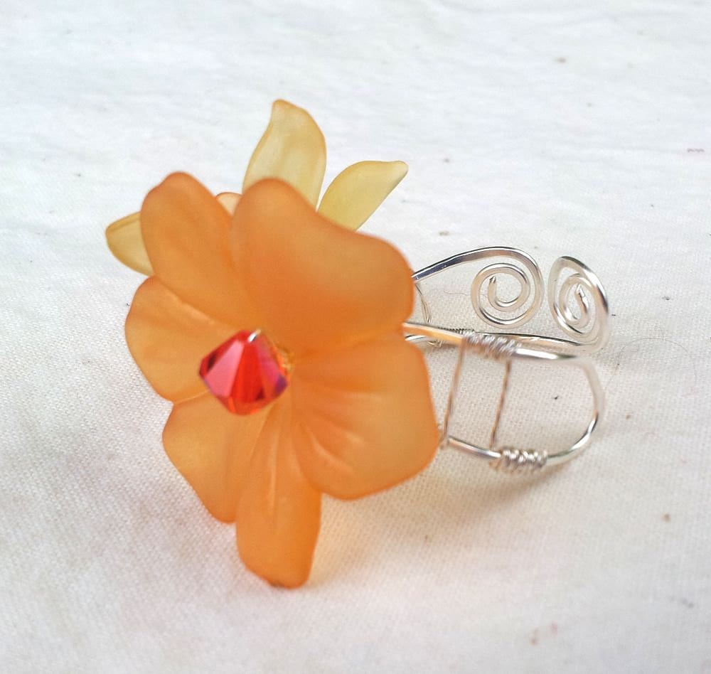 OOAK Handmade Statement Ring Lucite Flowers and Wire in Orange and Yellow with Adjustable Band