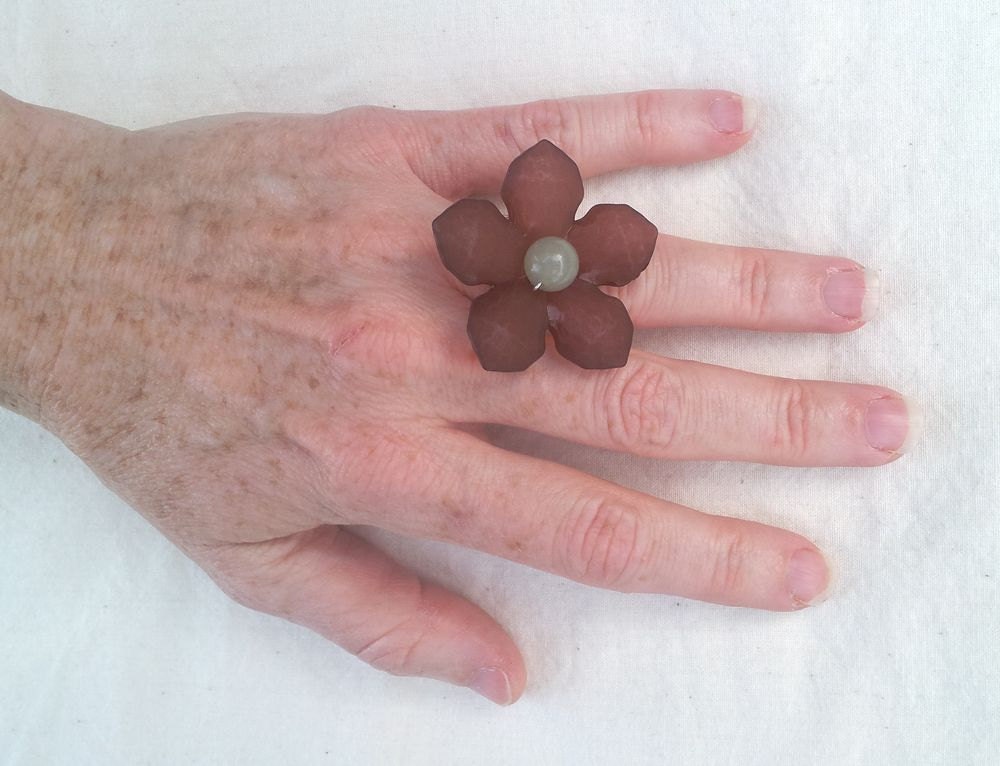 OOAK Handmade Statement Ring Lucite Flower and Wire in Autumn Brown and Sea Green with Adjustable Band #889