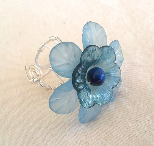 OOAK Handmade Statement Ring Lucite Flowers and Wire in Light Teal Blue with Adjustable Band