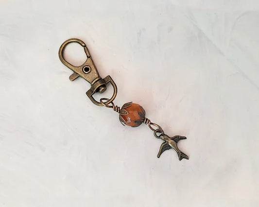 Wire Wrapped Clip or Purse Charm in Antique Bronze, Orange Agate with Bird Charm, Cellphone Charm, Paris, Choice of Colors and Metals